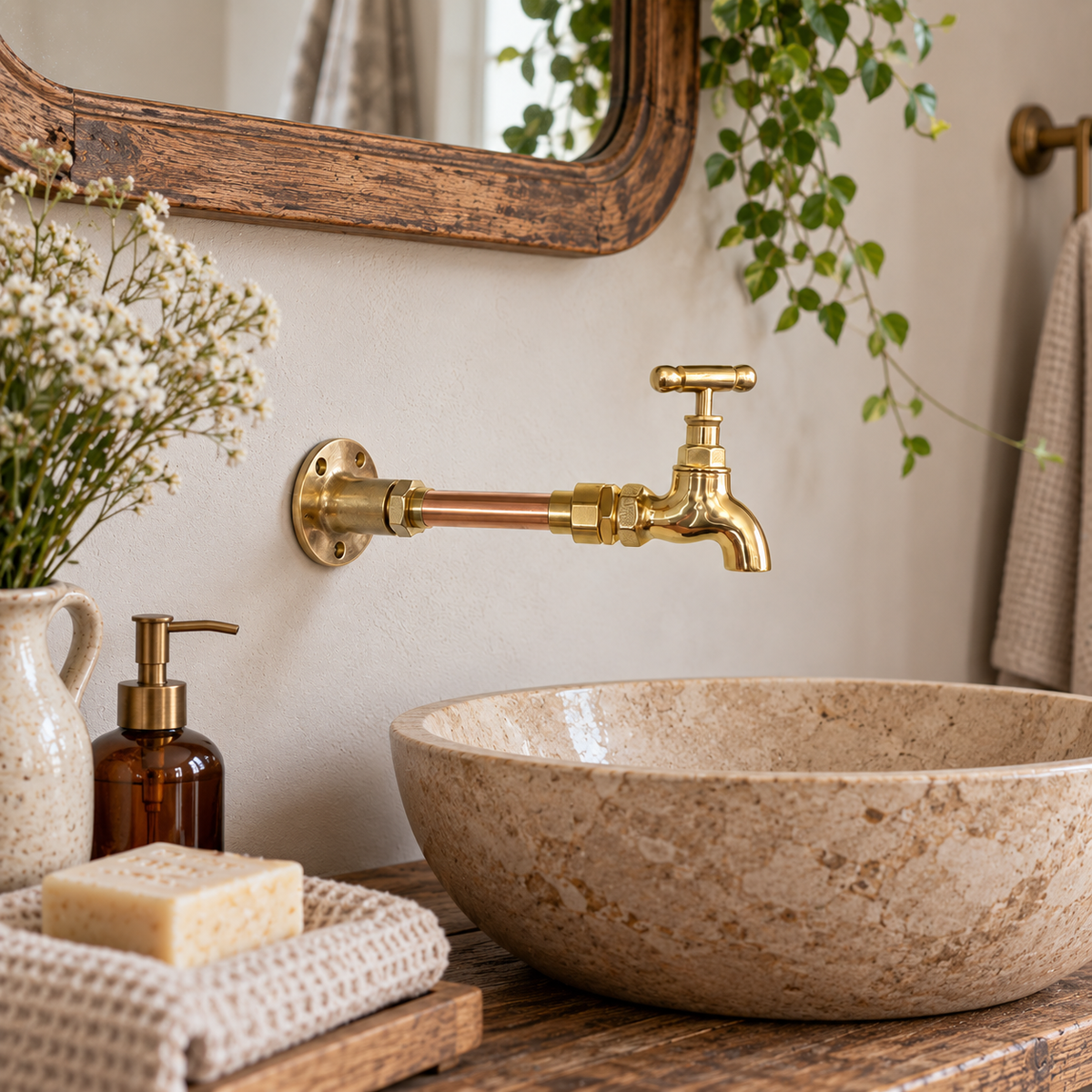 A wall-mounted brass faucet with a cross handle and copper pipe section, installed above a round stone vessel sink in a styled bathroom setting with flowers, soap, and a mirror.
