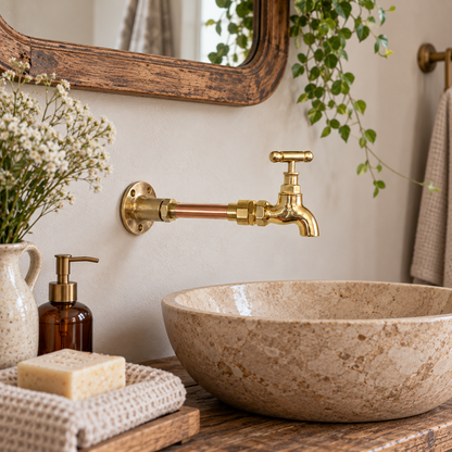 A wall-mounted brass faucet with a cross handle and copper pipe section, installed above a round stone vessel sink in a styled bathroom setting with flowers, soap, and a mirror.
