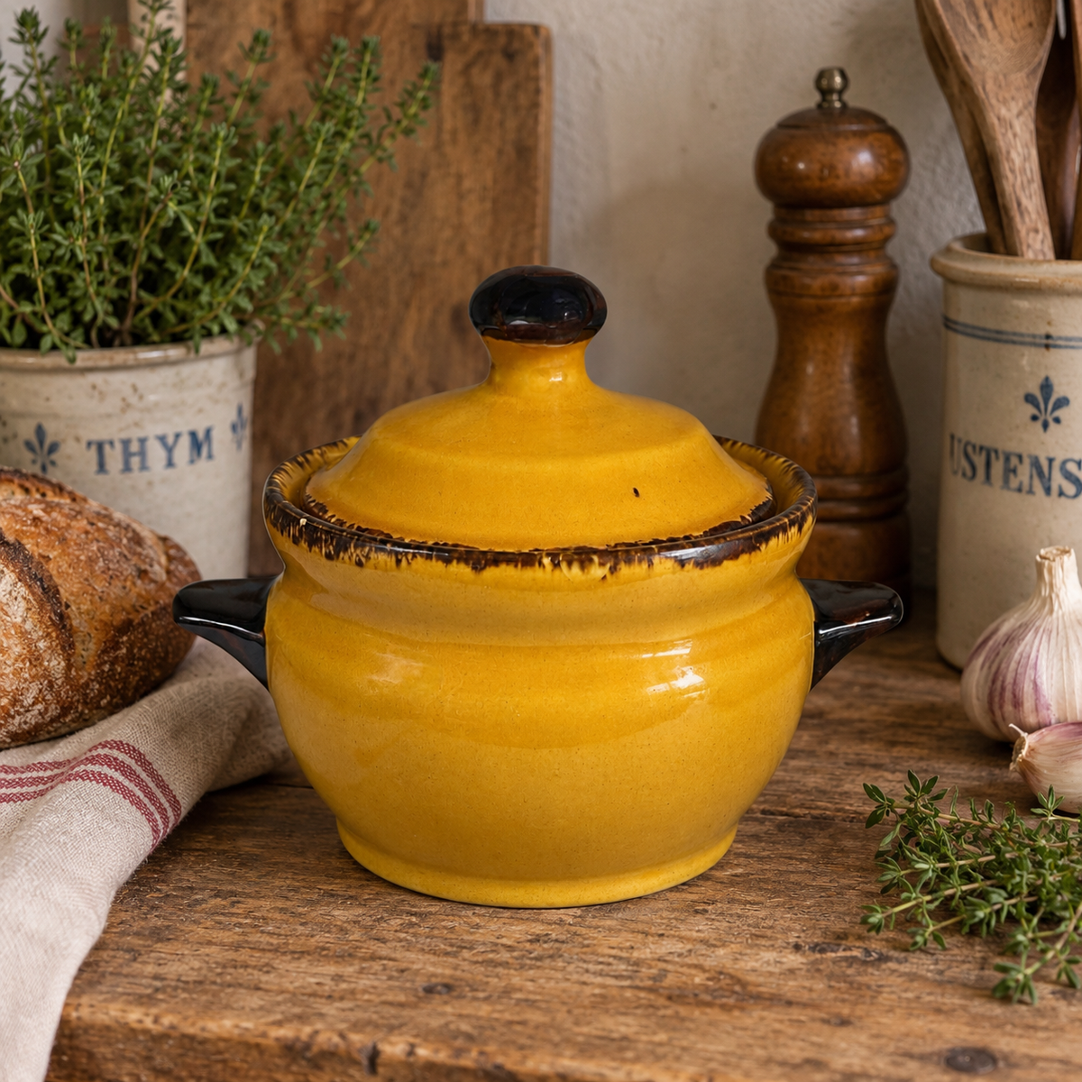 A yellow glazed ceramic lidded casserole dish with black handles sits on a rustic wooden table surrounded by kitchen props including bread, garlic, herbs, a pepper mill, and a ceramic utensil holder.
