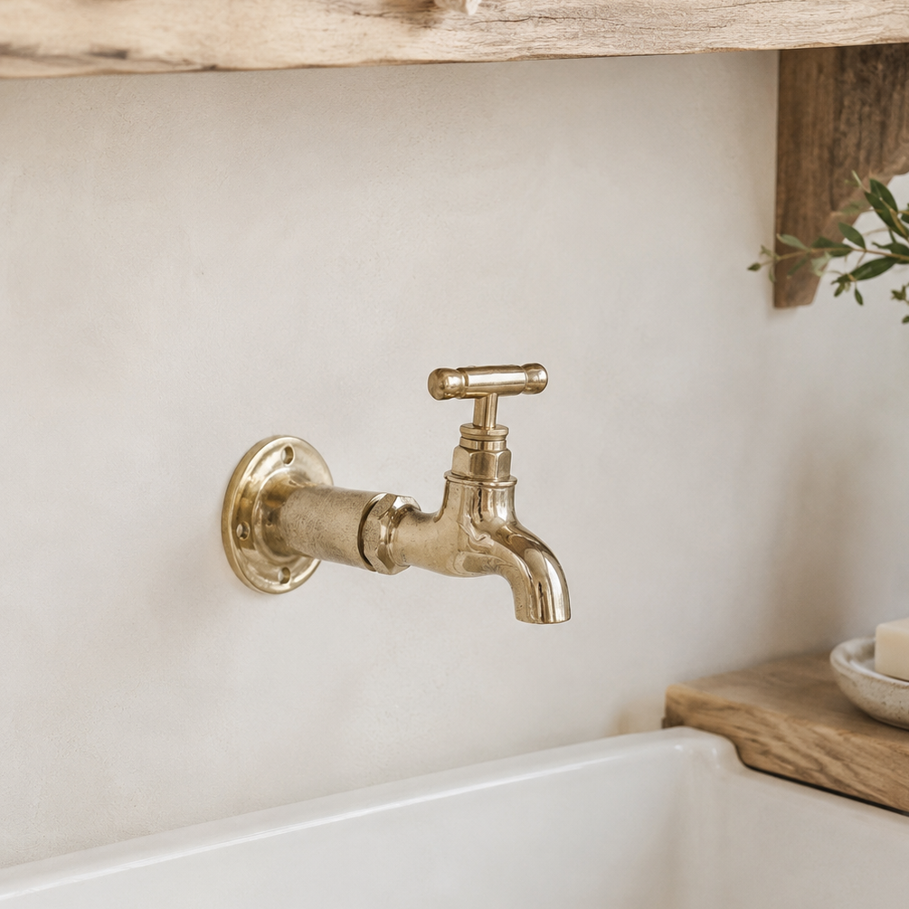 Brass faucet on a white sink with a wooden shelf and plant in the background