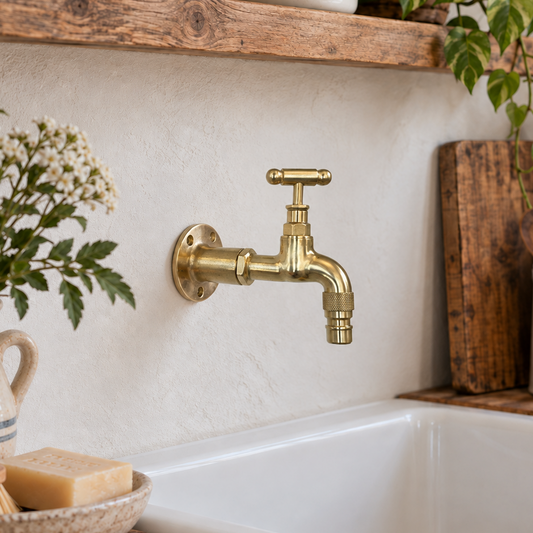 A brass wall-mounted kitchen faucet with a cross handle, installed above a white farmhouse sink in a rustic kitchen setting with wooden shelves, plants, and ceramic canisters.