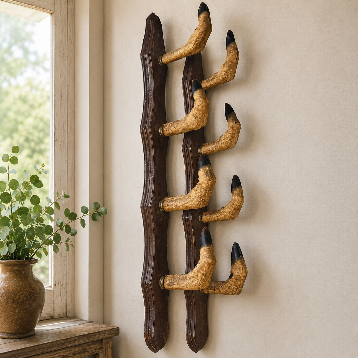Set of eight taxidermy deer hooves mounted on wooden plaques, displayed against a beige wall next to a rustic window with a plant, perfect for a boot room or hunting enthusiast.