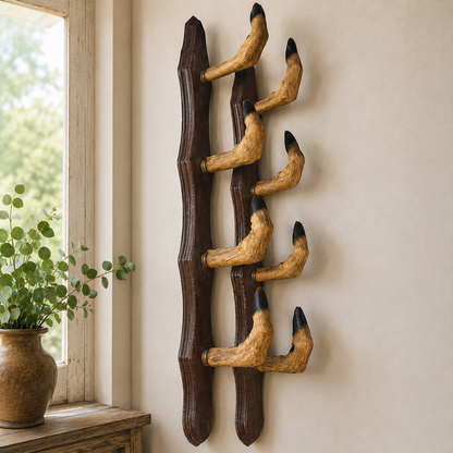 Set of eight taxidermy deer hooves mounted on wooden plaques, displayed against a beige wall next to a rustic window with a plant, perfect for a boot room or hunting enthusiast.