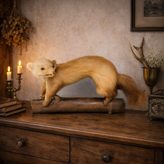 Taxidermy of a weasel on a wooden platform with a vintage interior setting.