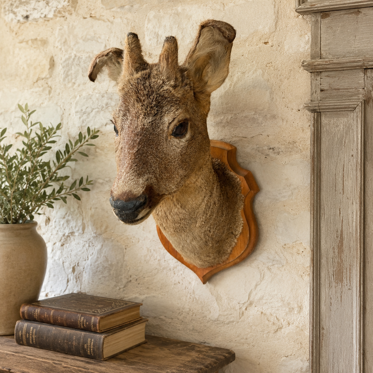 A taxidermy deer head mount on a rustic wooden plaque, displayed on a textured cream wall above a wooden shelf with vintage books and a potted plant.