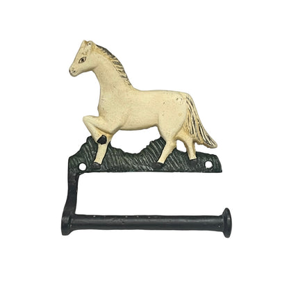 A decorative horse-shaped toilet paper holder with a cream-colored horse figure mounted on a black metal base, shown against a plain white background.