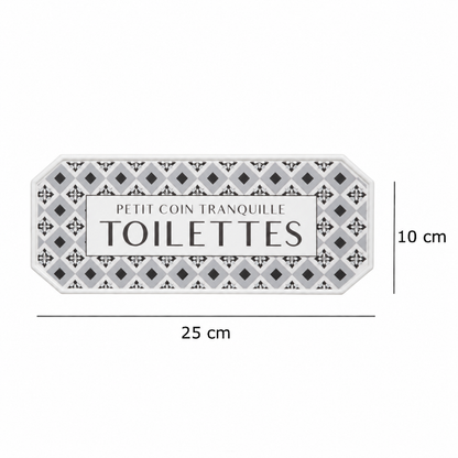 A French metal door sign labelled 'PETIT COIN TRANQUILLE TOILETTES' with dimensions marked as 25 cm by 10 cm on a white background.