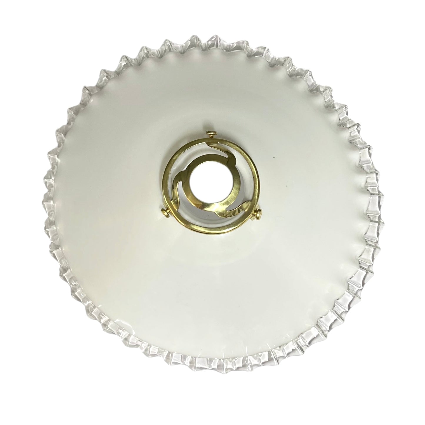 top view of French vintage milk glass pendant lampshade with a brass collar set on a white background 