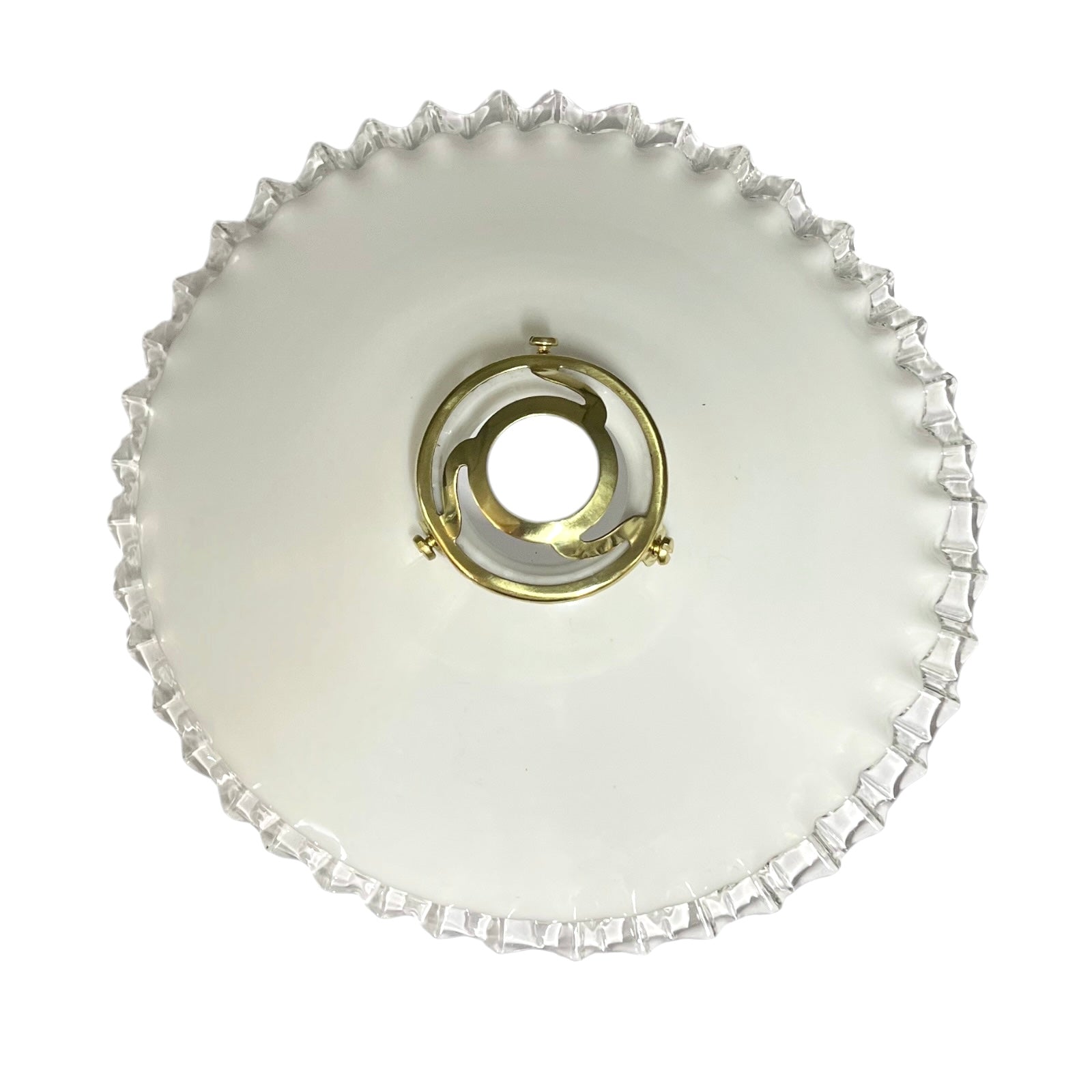 top view of French vintage milk glass pendant lampshade with a brass collar set on a white background 