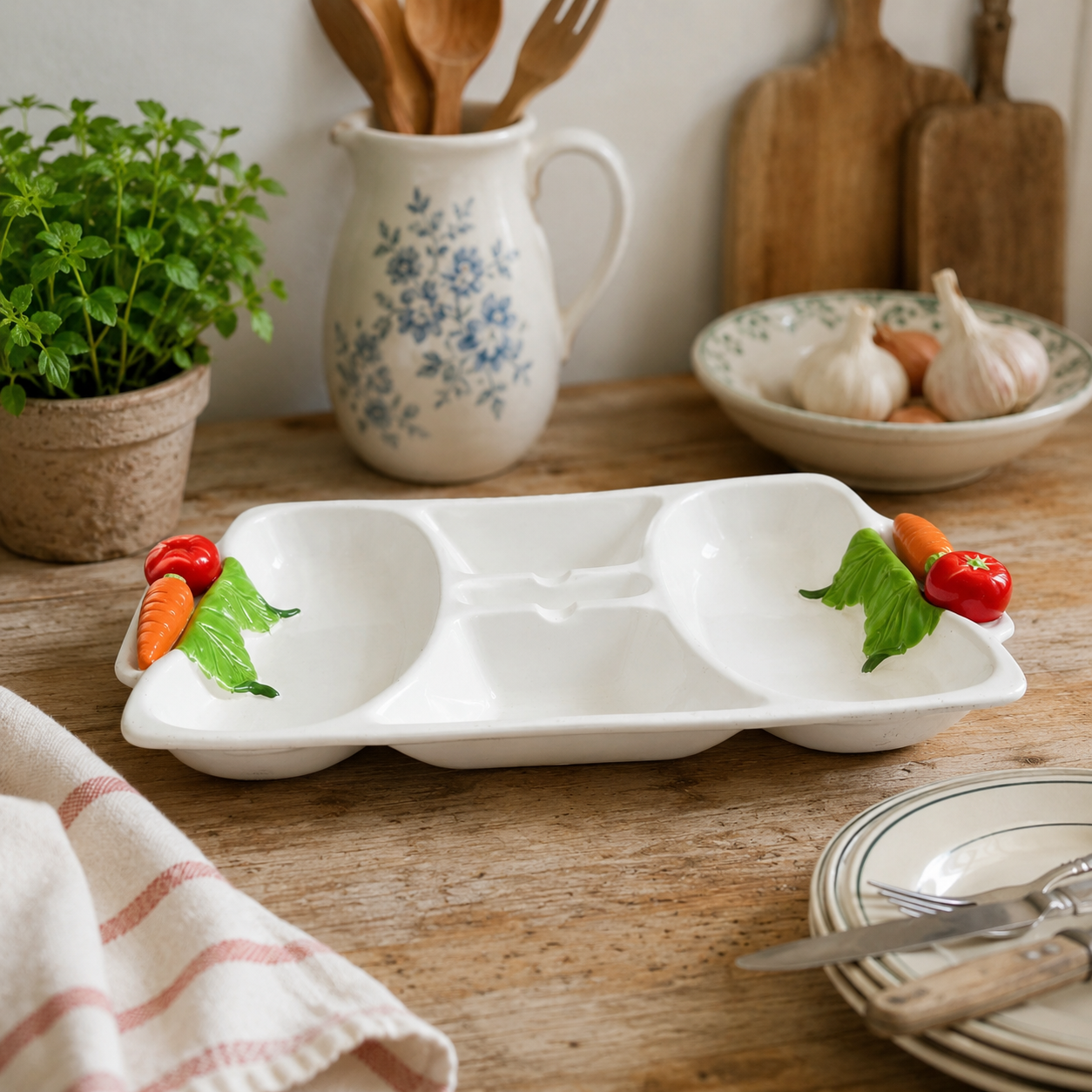 A white ceramic three-compartment serving tray with decorative carrot and tomato accents on the compartments, styled on a rustic wooden table with kitchen props in the background.