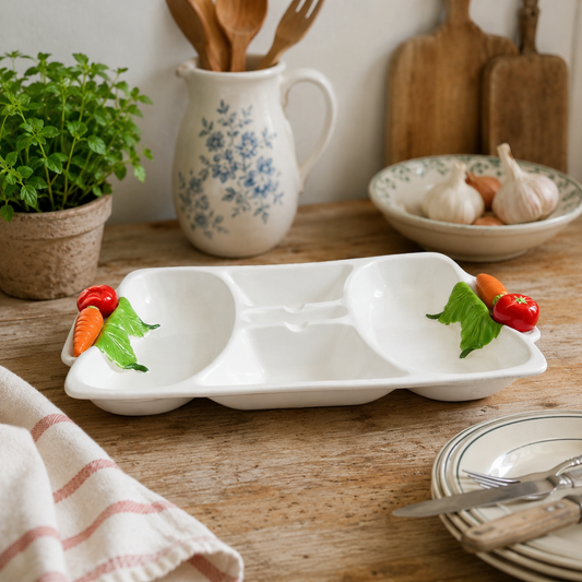 A white ceramic three-compartment serving tray with decorative carrot and tomato accents on the compartments, styled on a rustic wooden table with kitchen props in the background.