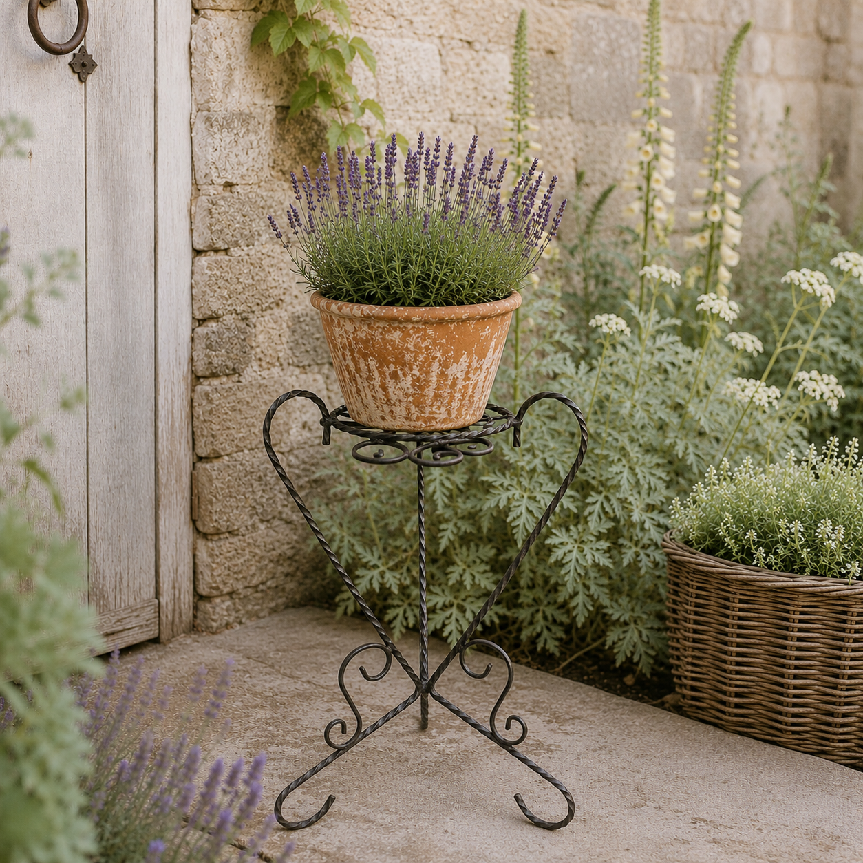 Potted plant on a decorative metal stand in a garden setting with stone wall and wicker basket.