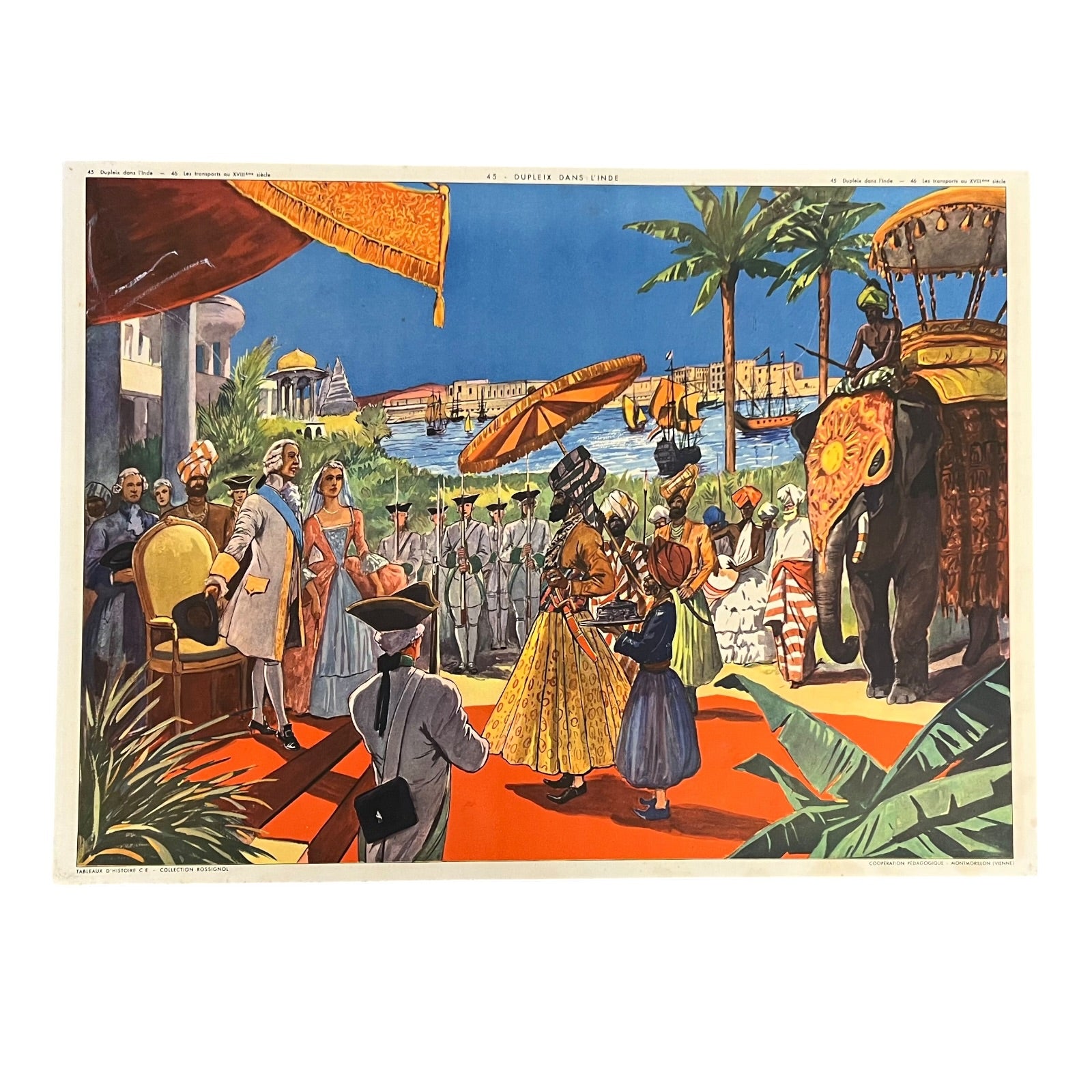 Vintage-style illustration of a scene with people in formal attire, an elephant, and traditional architecture.