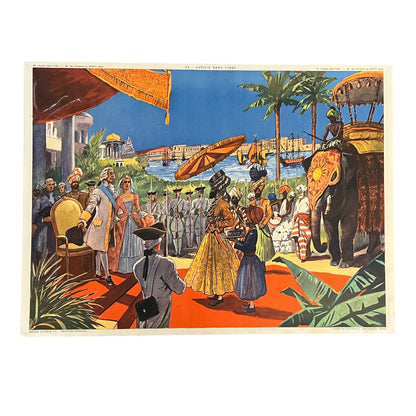 Vintage-style illustration of a scene with people in formal attire, an elephant, and traditional architecture.