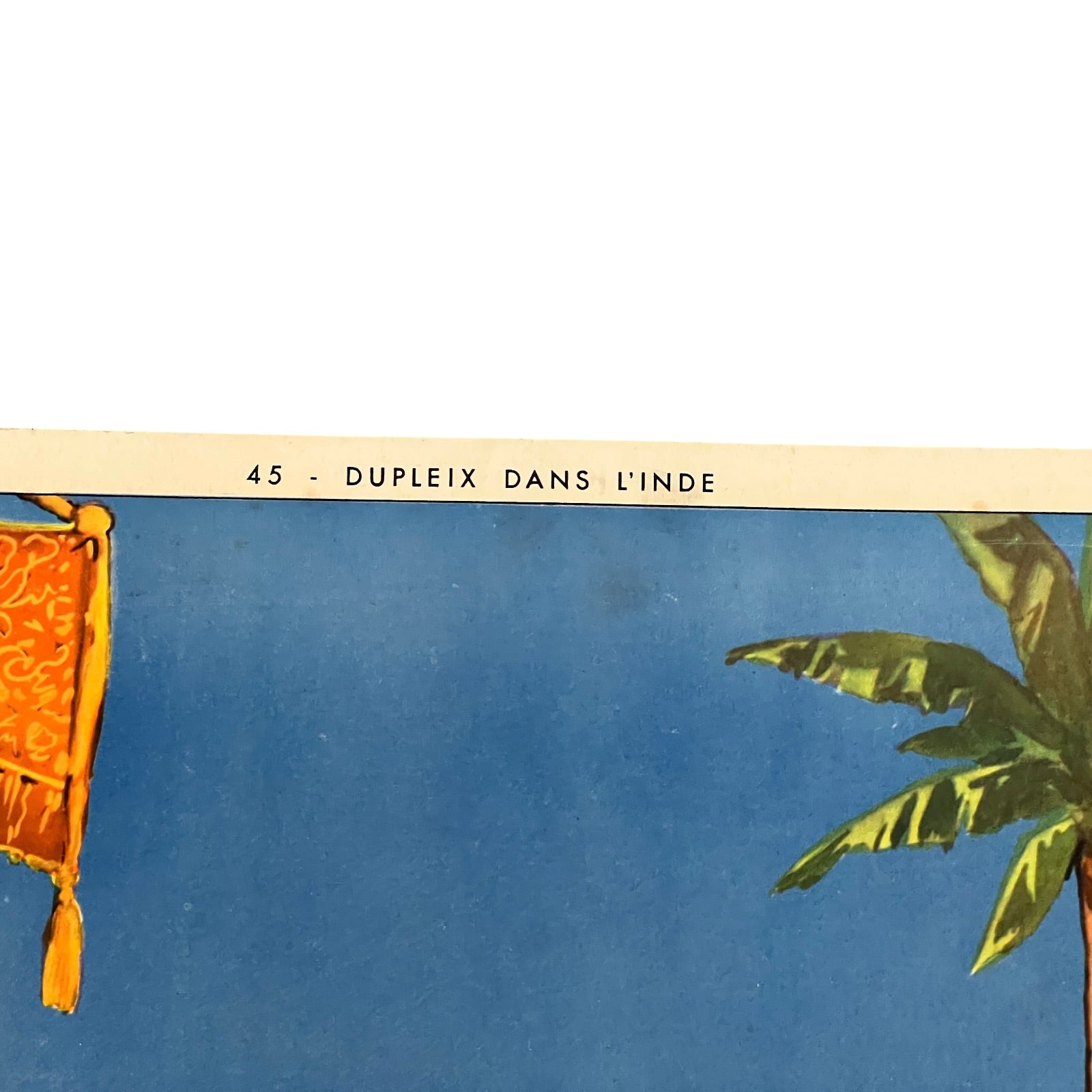 Vintage-style poster with a palm tree and orange fabric against a blue sky.