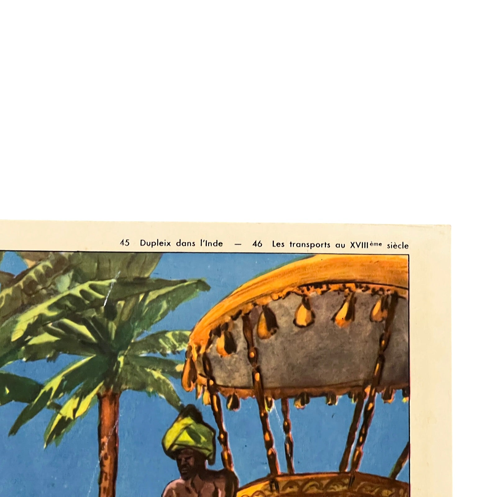 Decorative illustration of a traditional Indian scene with a person and palm tree, on a beige border.