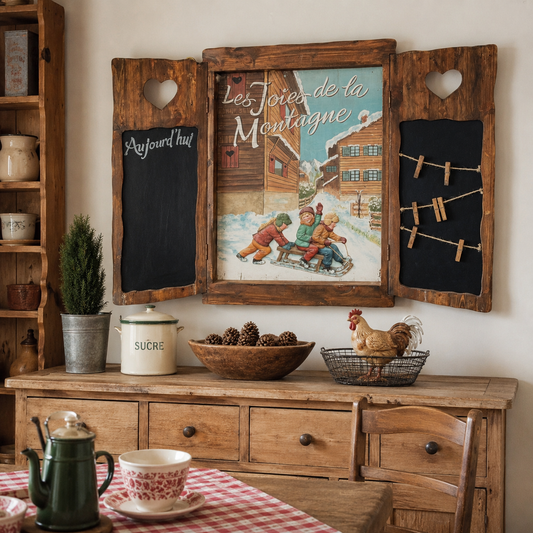 A rustic wooden wall-mounted organizer with three hinged panels, featuring a central framed winter illustration and two black chalkboard-style side panels with heart-shaped cutouts and a clothesline with wooden clips, shown in a styled room setting above a wooden sideboard.