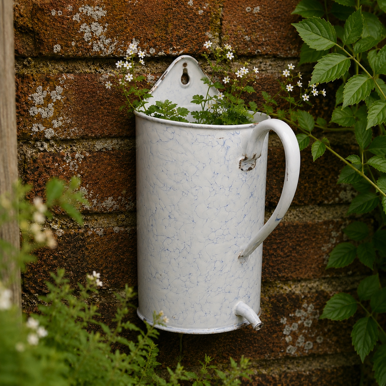 A white enamel French garden planter with a small spout, mounted on a rustic brick wall and filled with green plants and small white flowers.