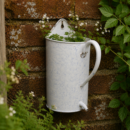 A white enamel French garden planter with a small spout, mounted on a rustic brick wall and filled with green plants and small white flowers.