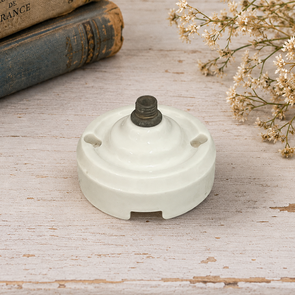 A small round off-white porcelain ceiling rose fitting with a dark metal threaded top sits on a distressed white wooden surface, styled with stacked vintage books and dried flowers.