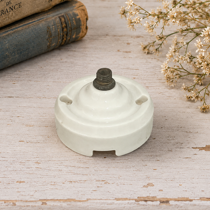 A small round off-white porcelain ceiling rose fitting with a dark metal threaded top sits on a distressed white wooden surface, styled with stacked vintage books and dried flowers.