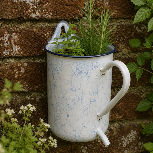 A vintage-style enamel garden planter shaped like a white and blue marbled enamel mug, mounted on a rustic brick wall and filled with green herbs and plants.