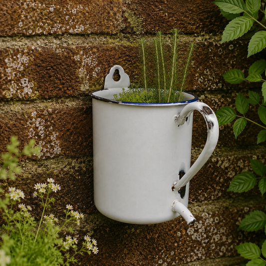 A white enamel wall-mounted  planter with a handle and small spout, holding green plants, mounted on a rustic brick wall with surrounding green foliage.