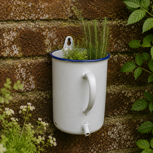 A white enamel garden planter shaped like a vintage mug with a blue rim, mounted on a rustic brick wall and filled with green plants.
