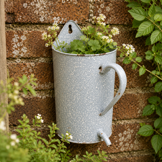 A vintage enamel wall mounted planter with a speckled grey finish and a spout at the front, mounted on a rustic brick wall and filled with green plants and small white flowers.