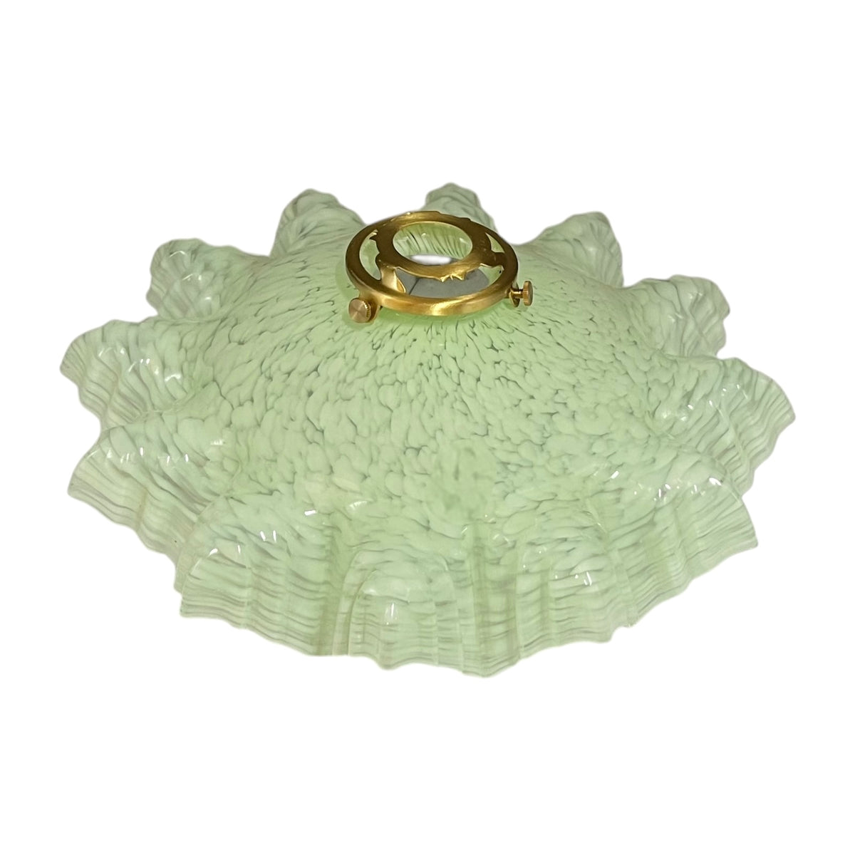 A light green textured glass shade with a flared, ruffled edge and a gold metal mounting ring at the top, shown against a plain white background.
