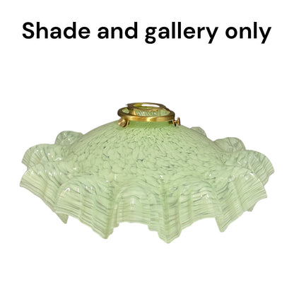 A light green textured glass lamp shade with a flared, ruffled edge and a gold metal top ring, shown on a plain white background with the text 'Shade and gallery only' at the top.