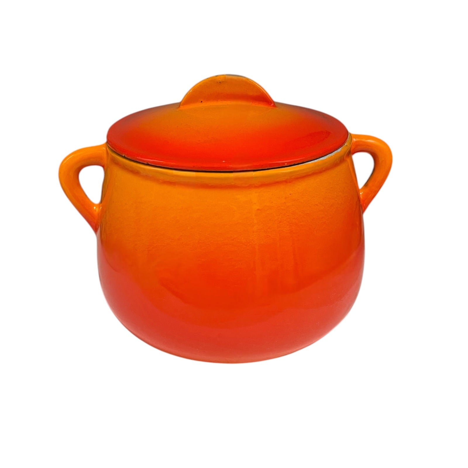 An orange ceramic pot with a matching lid and two side handles, shown against a plain white background.