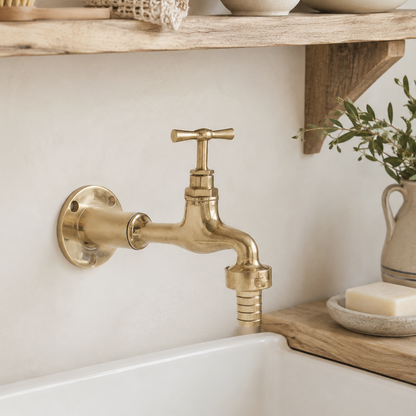 Brass faucet on a white sink with a wooden shelf in the background
