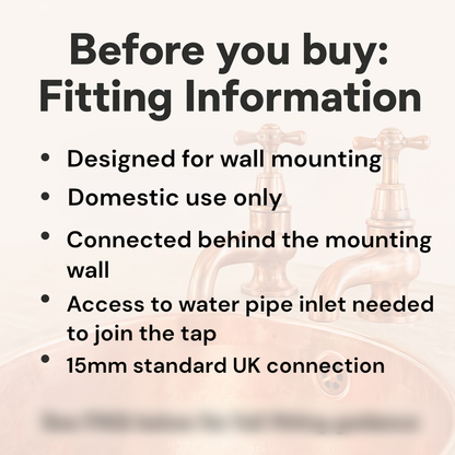 A text-based informational graphic with the heading 'Before you buy: Fitting Information' and bullet points listing fitment details such as wall mounting, domestic use only, connection behind the wall, and 15mm UK connection. A faded background shows two vintage-style faucets above a sink.