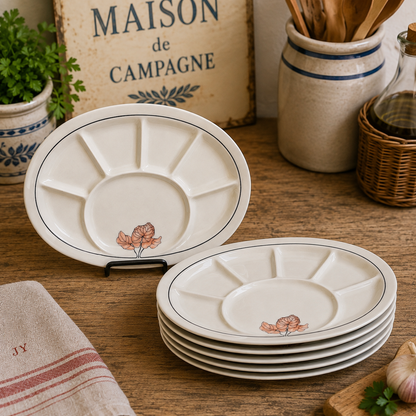 A set of ceramic divided serving plates with a central well decorated with a pink lotus flower, displayed on a rustic wooden table with kitchen props.