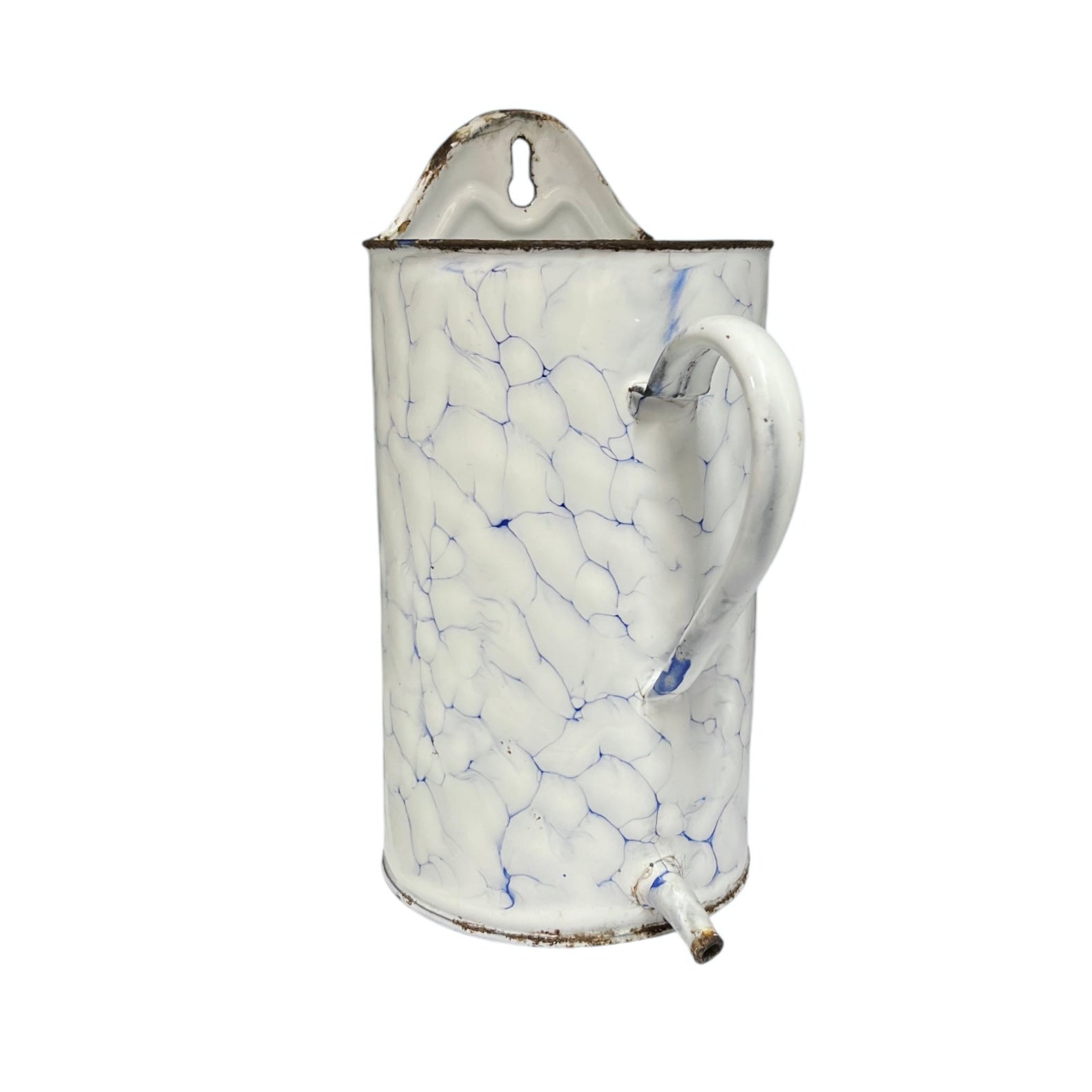 A vintage-style white enamel wall mounted planter on a white background