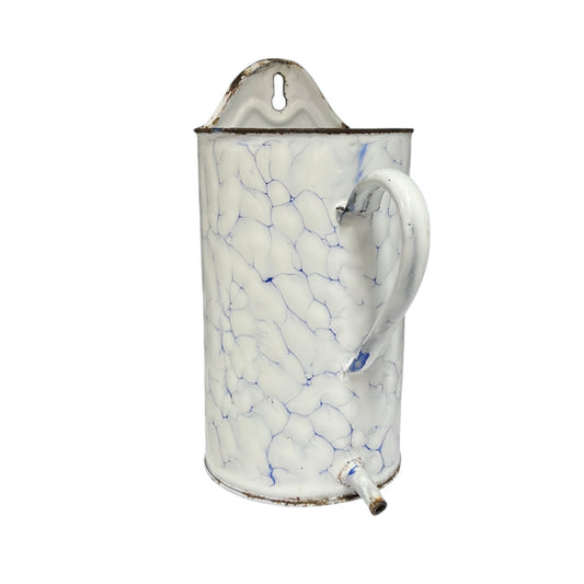A vintage-style white enamel wall mounted planter on a white background