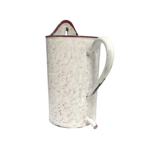 A vintage-style white enamel planter with a red rim, crackled glaze pattern, and a small spout, shown on a plain white background.