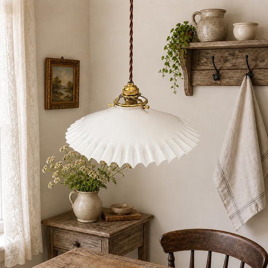 white milk glass lamp shad with brown twisted wiring 