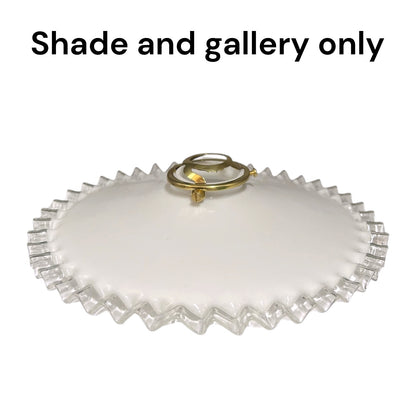 A white oval shade cover with a scalloped clear glass edge and a gold metal ring handle, shown on a white background with the text 'Shade and gallery only' at the top.