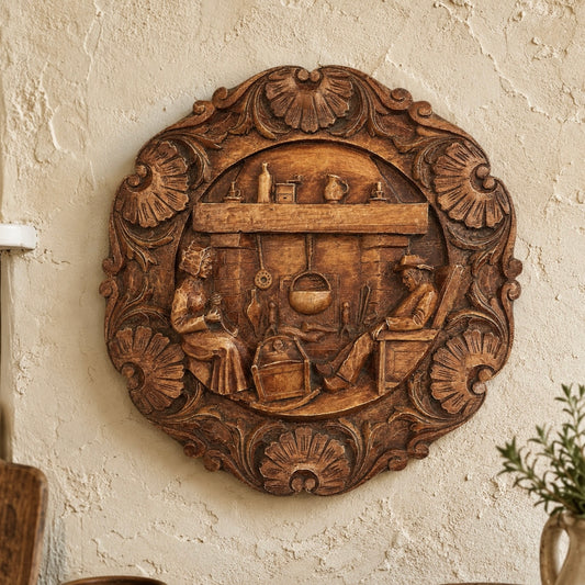 Wooden wall art with intricate carvings of people and objects on a textured wall.
