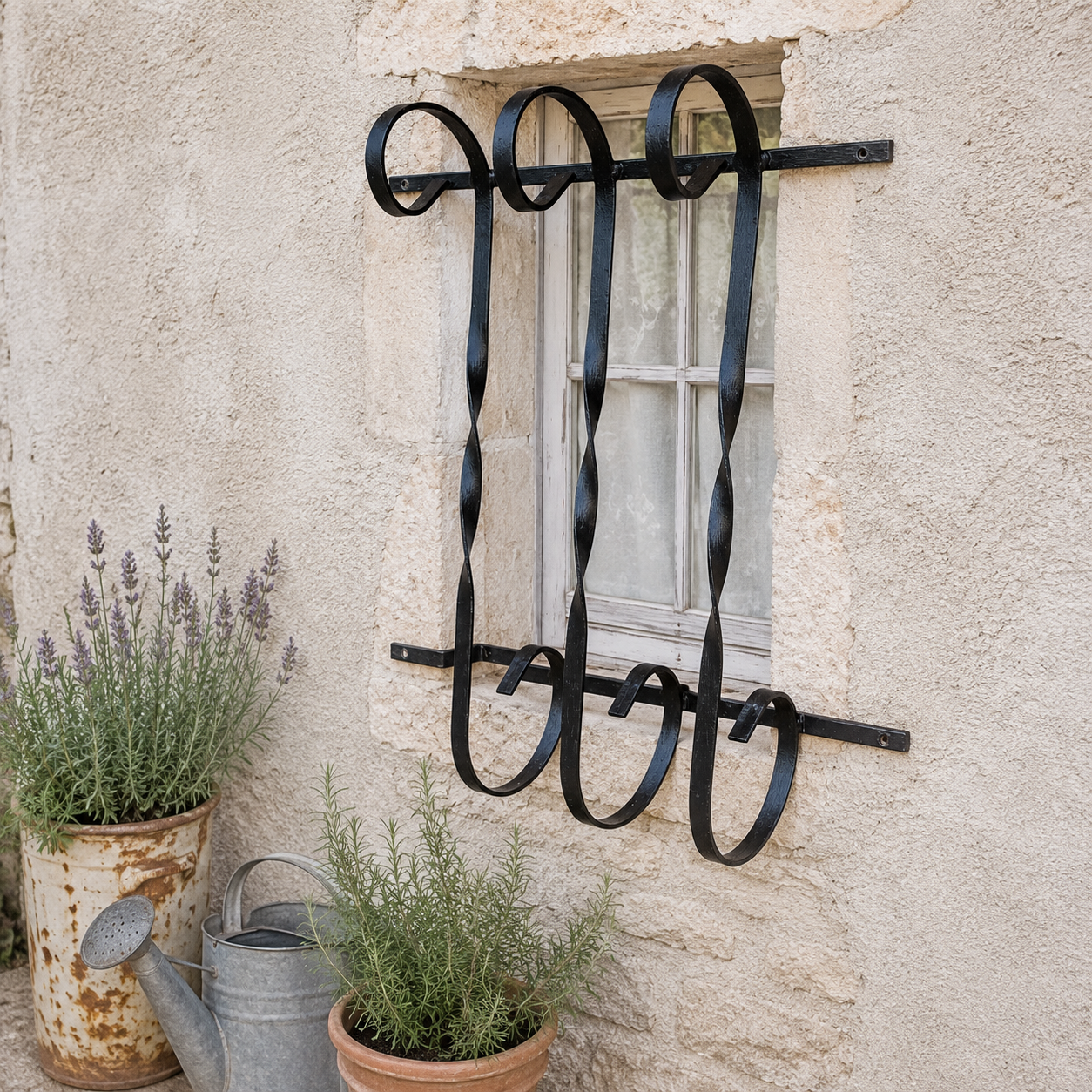 Black wrought iron scrollwork window guard installed on a rustic stone wall with potted lavender and rosemary plants below.