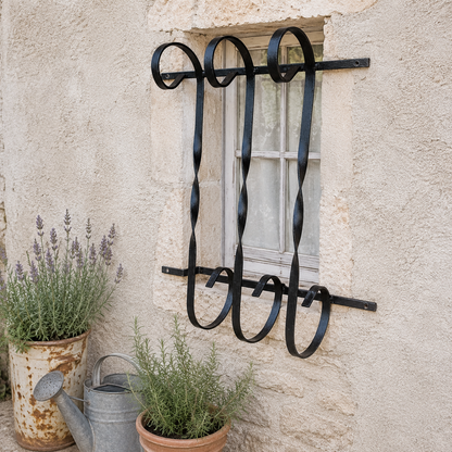 Black wrought iron scrollwork window guard installed on a rustic stone wall with potted lavender and rosemary plants below.