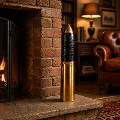 A decorative WW1 18 pounder with a brass base, black mid section and brass fuse on the top, styled on a stone hearth in a cosy, warm-toned living room next to a brick fireplace.