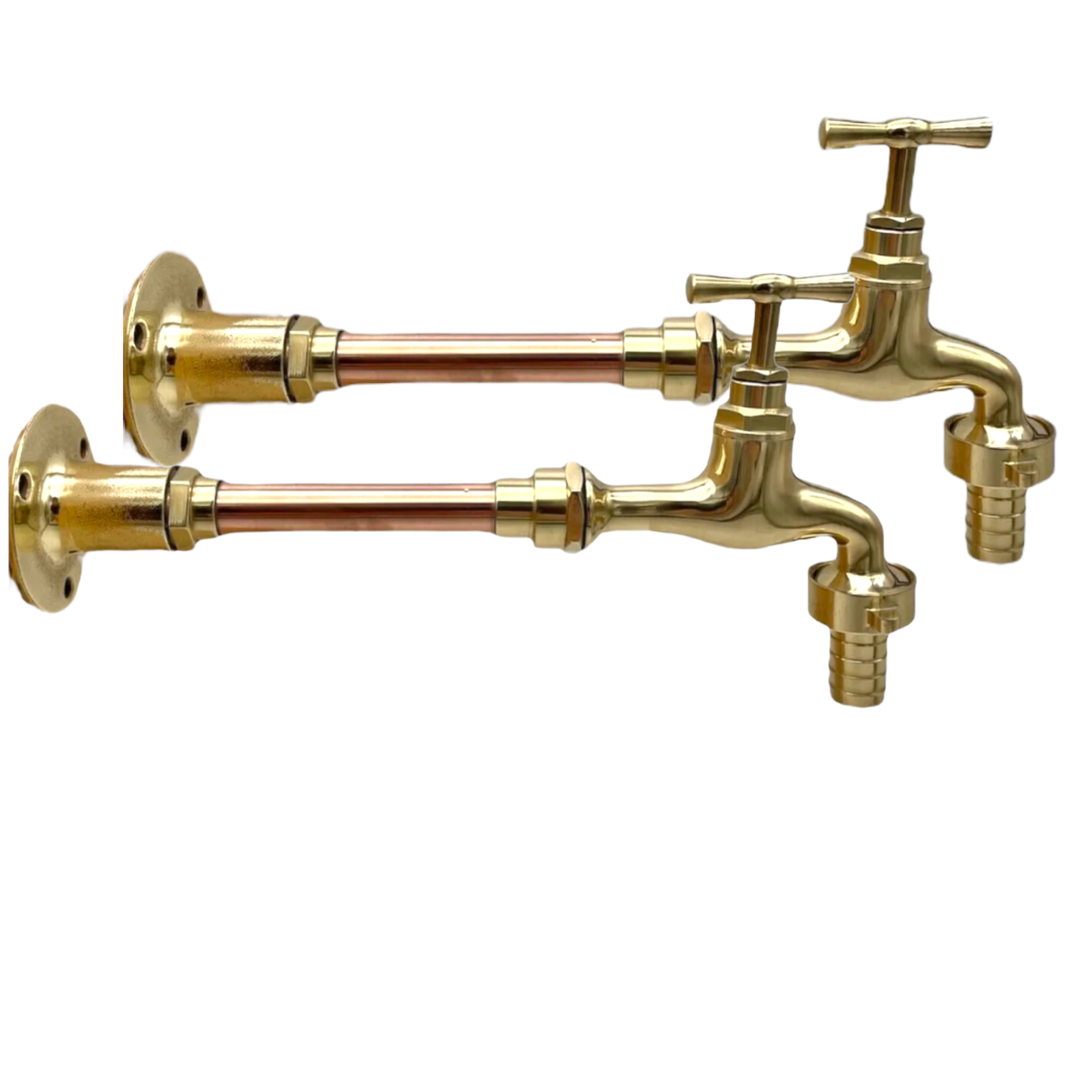 Pair of wall mounted brass and copper taps sold by All Things French Store