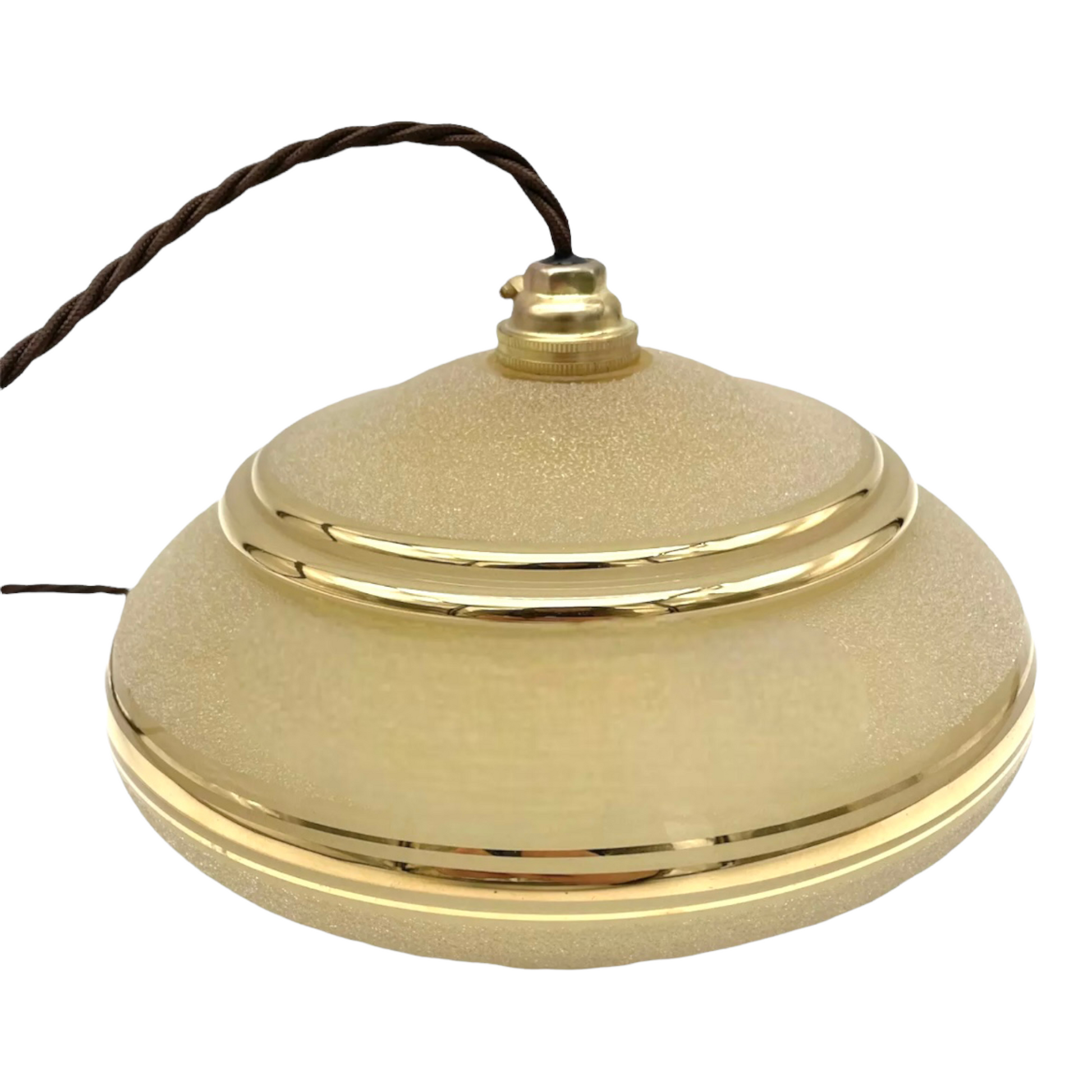 French amber coloured vintage glass ceiling light shade with a gold trim and new brown twisted wiring and a brass bulb holder