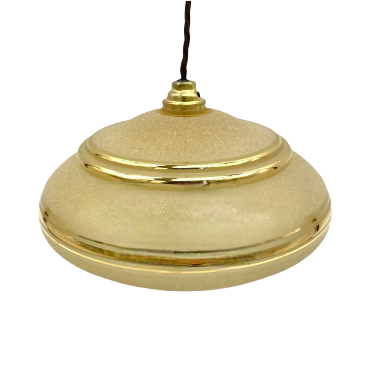 French amber coloured vintage glass ceiling light shade with a gold trim and new brown twisted wiring and a brass bulb holder sold by All Things French Store